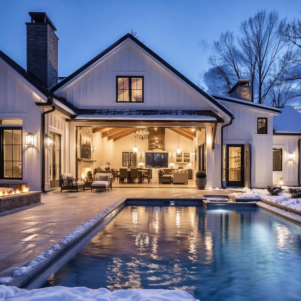 Farmhouse exterior with pool and patio at blue hour in winter snow, wide-angle real estate view, warm great room glow.