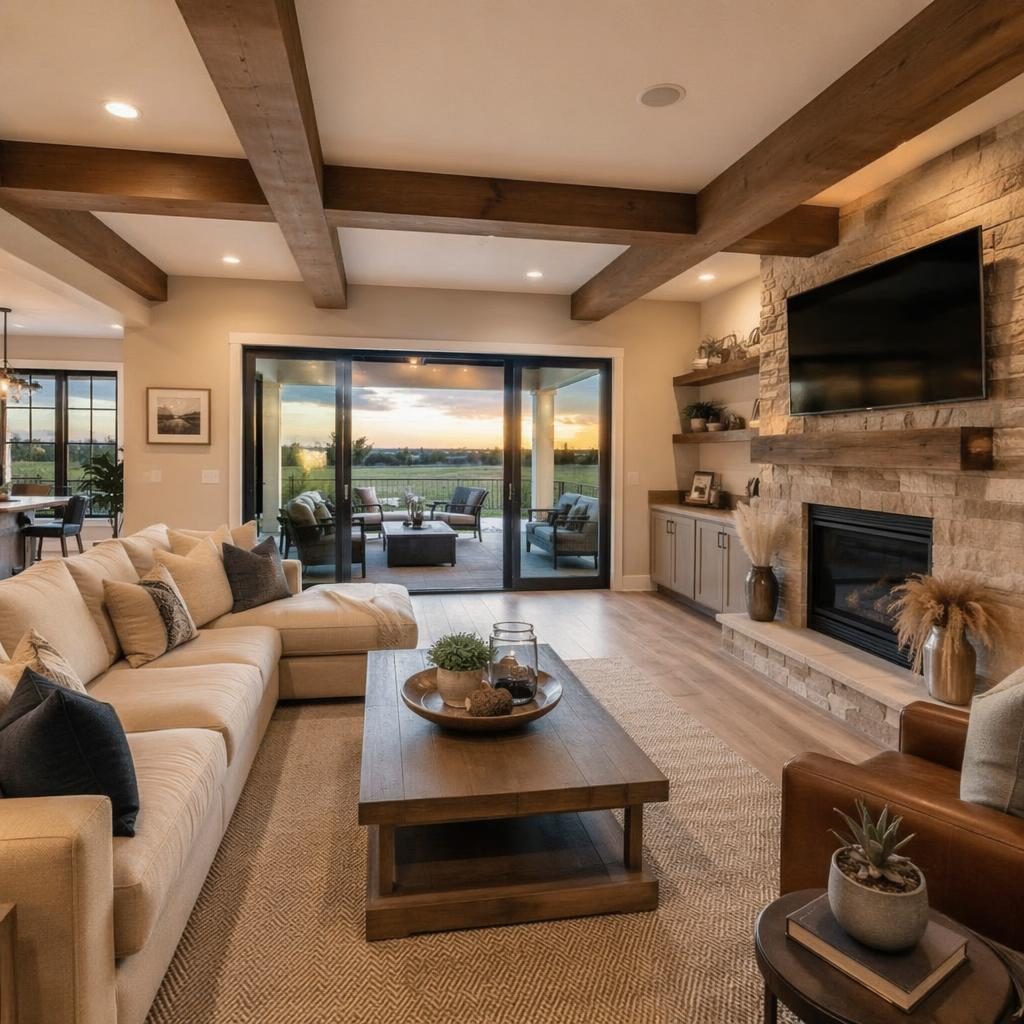 Real estate photo of a farmhouse with pool and patio at golden hour, wide-angle view, clean staging, late summer setting
