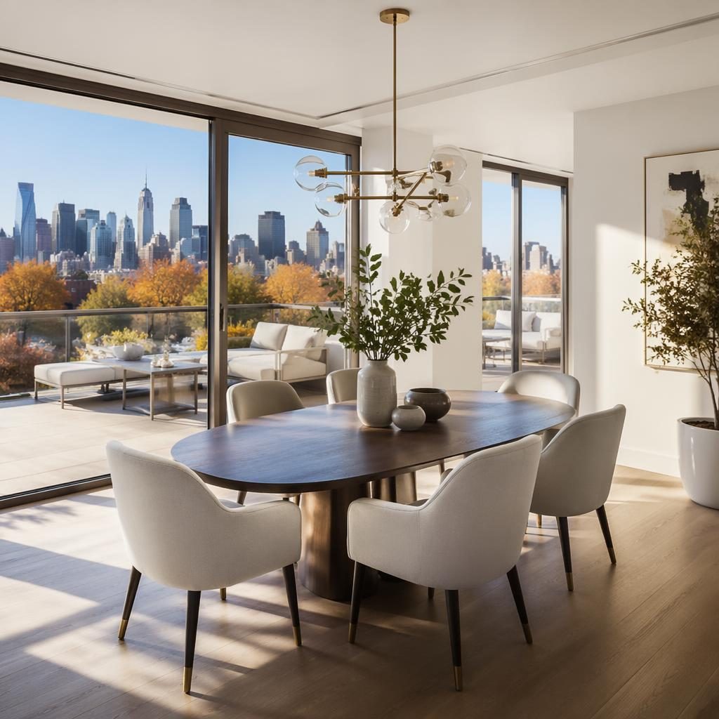 Bright penthouse rooftop terrace with dining area and city skyline, staged in sharp midday autumn light