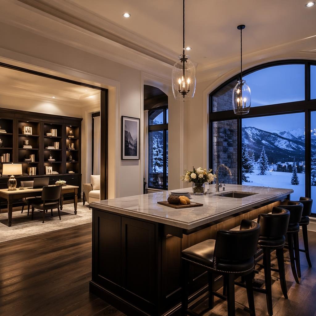 Wide-angle view of a luxury villa kitchen at blue hour in winter, with snow outside and home office bookshelf built-ins.