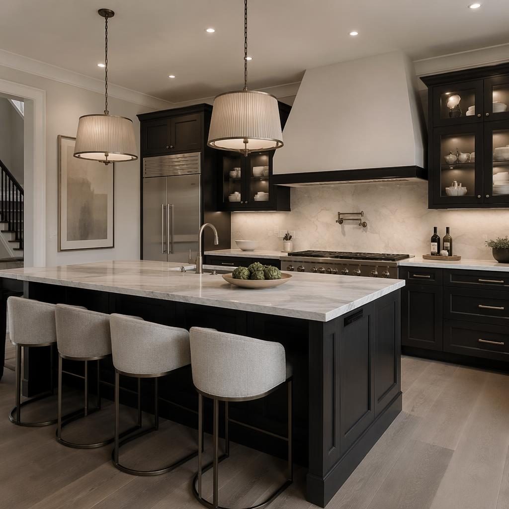 Wide-angle view of a staged luxury villa kitchen in a brick townhouse row neighborhood under soft overcast light.