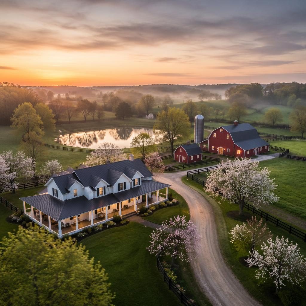 Aerial drone view of a modern farmhouse with a red barn at dawn, surrounded by spring blooms under soft overcast light.