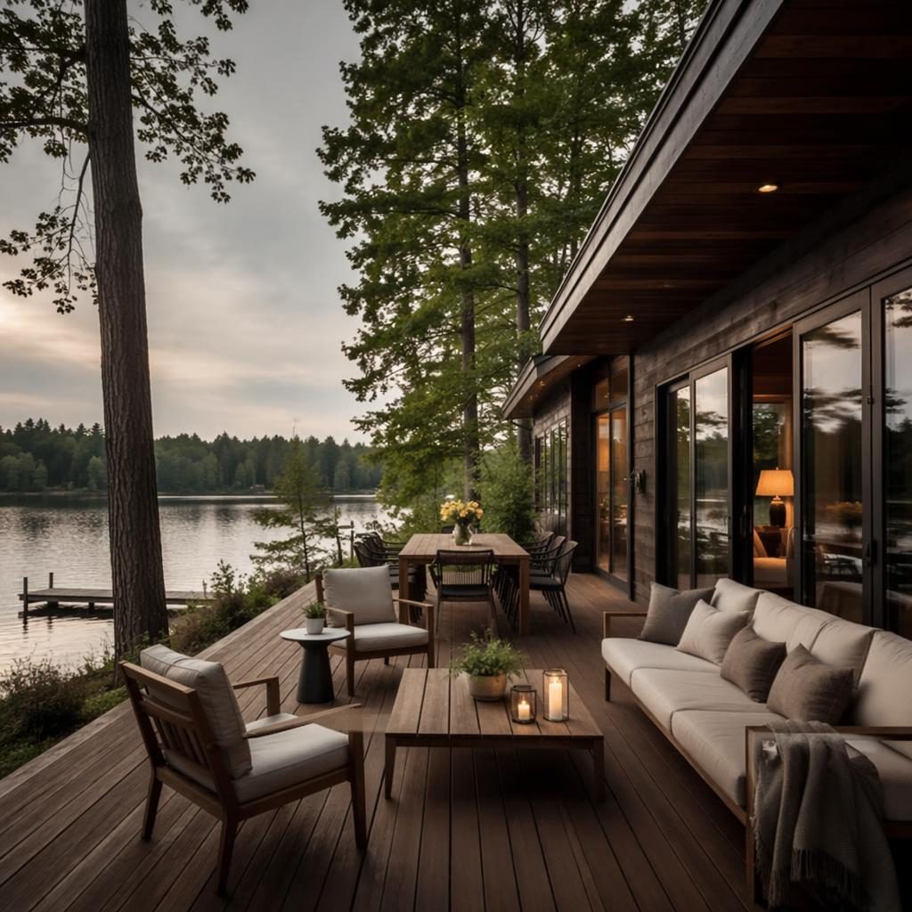 Lakeside-Holzhütte mit Holzdeck und Poolterrasse im Frühling, weiches bewölktes Licht, weitwinklige Immobilienaufnahme