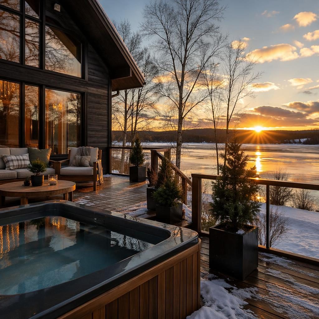 Wide-angle view of a lakeside cabin wooden deck with pool patio, winter snow, and warm golden hour light