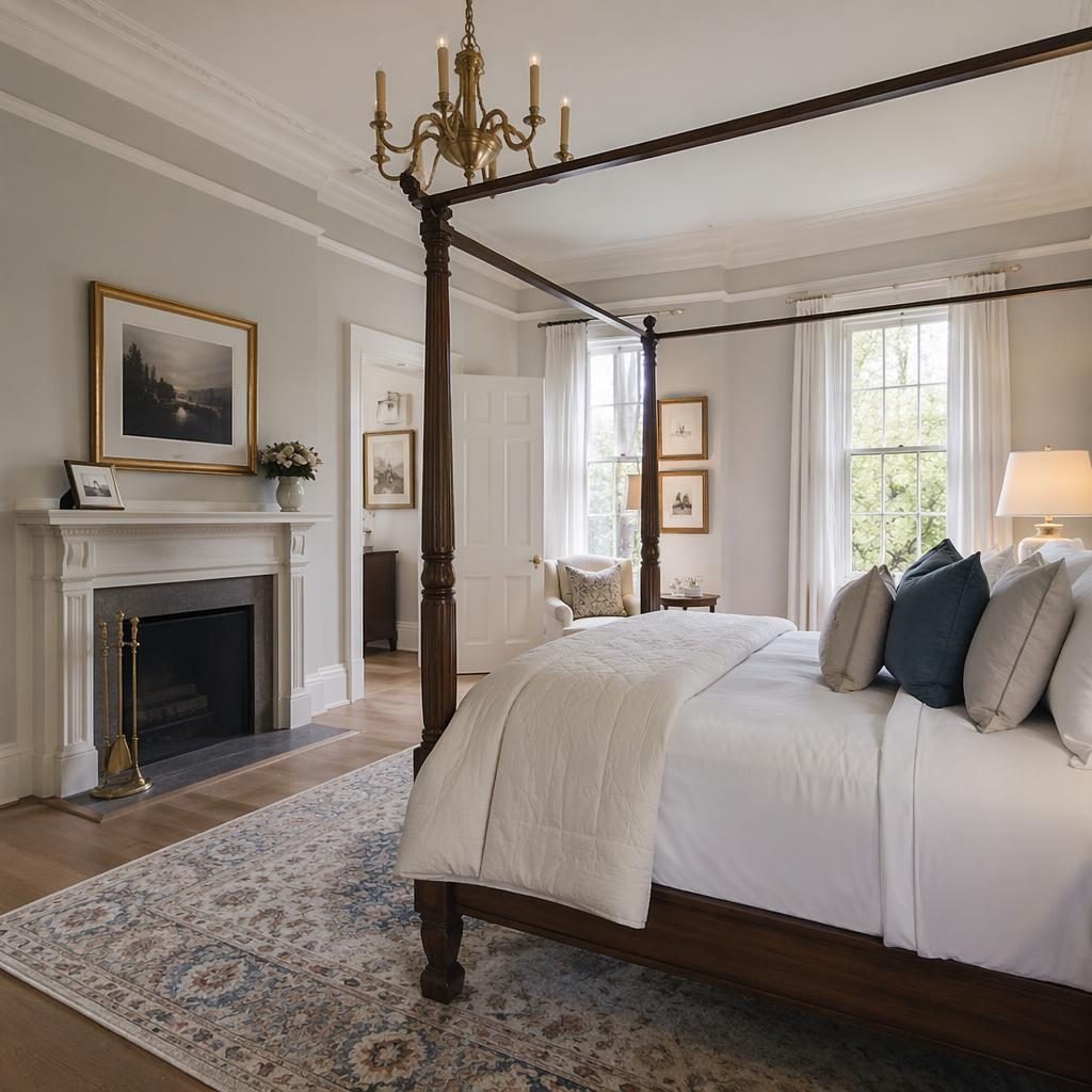 Wide-angle real estate photo of a staged master bedroom with king bed, soft overcast light, traditional luxury home interior