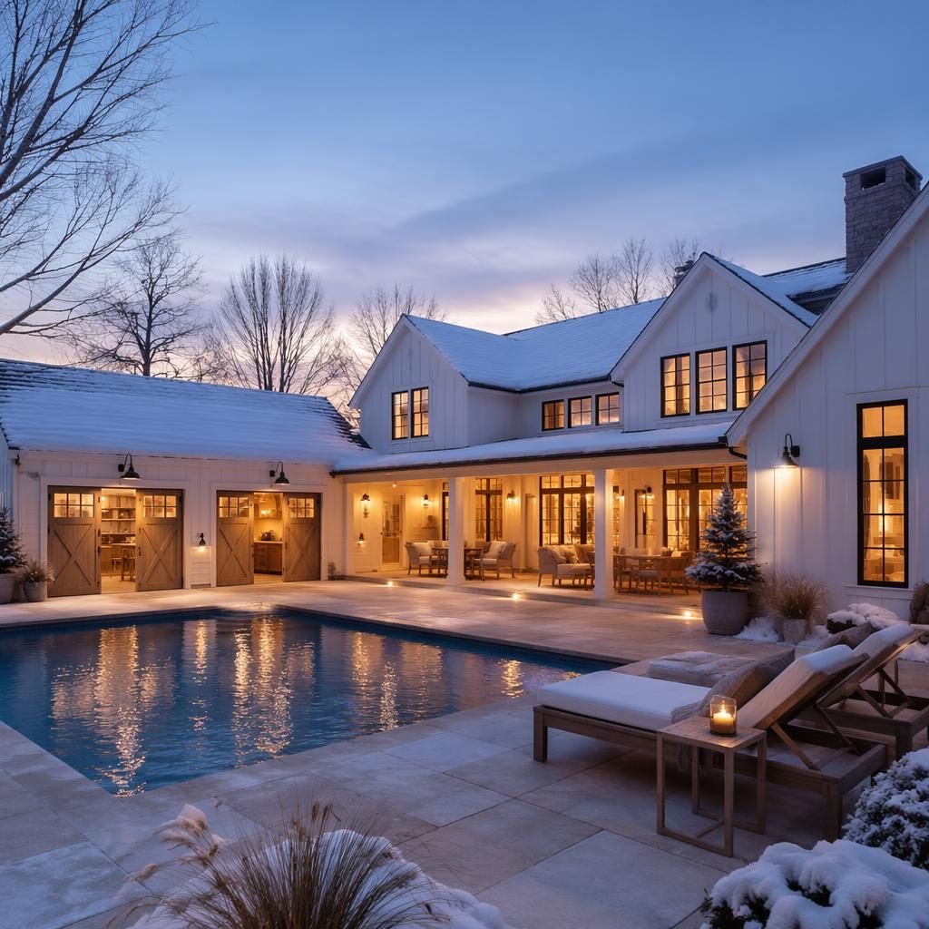 Dusk real estate photo of a farmhouse with pool and patio, snowy winter setting, lit interior, and two-car garage workshop.
