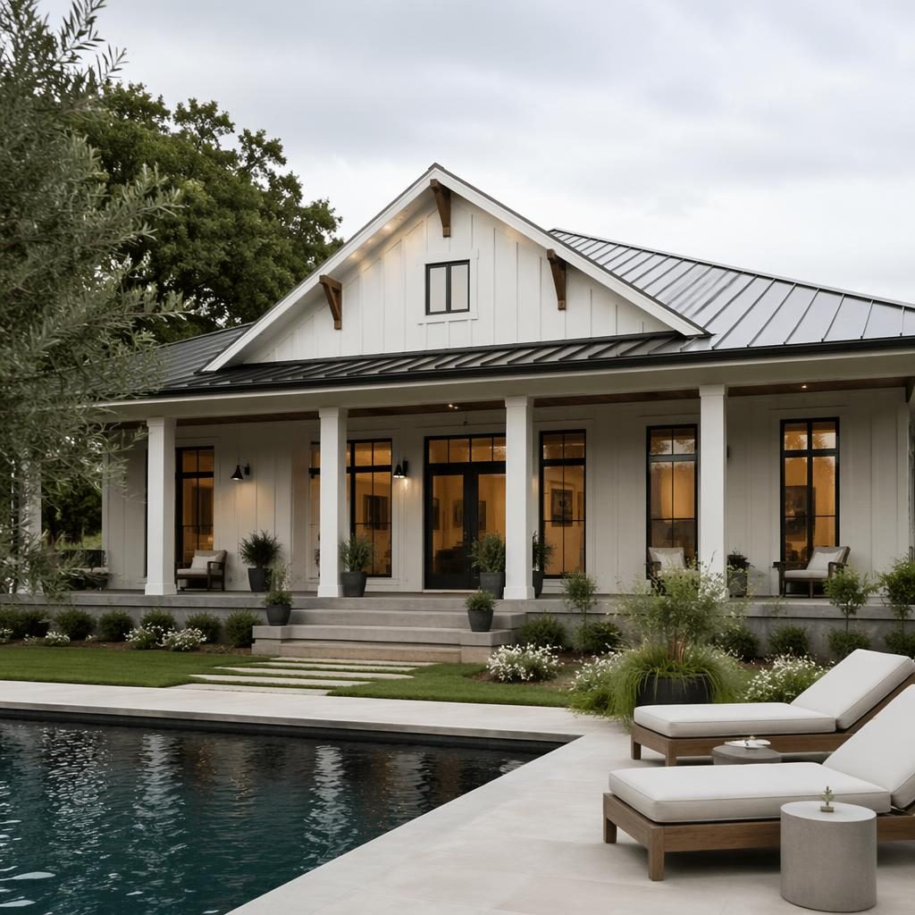 Wide-angle view of a craftsman bungalow exterior with pool and patio in soft overcast morning light, clean staged setting