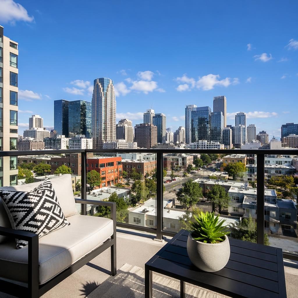 Front facade of a loft-style condo high-rise with balconies in bright midday light, wide-angle real estate framing.