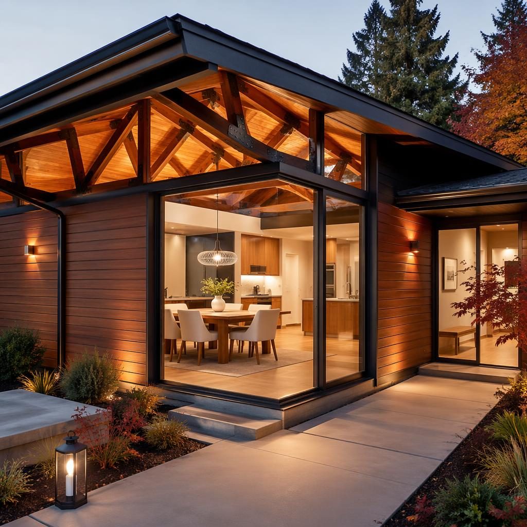 Wide-angle beach house bathroom at blue hour with autumn tones, sharp staging, and visible roof trusses in photoreal style.