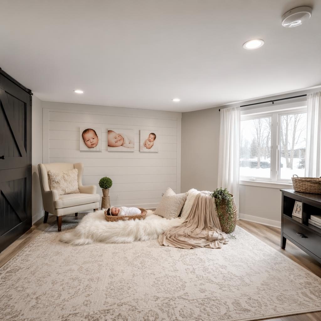 Bright finished basement family room in a tiny house, staged with wide-angle real estate listing composition and sharp focus.