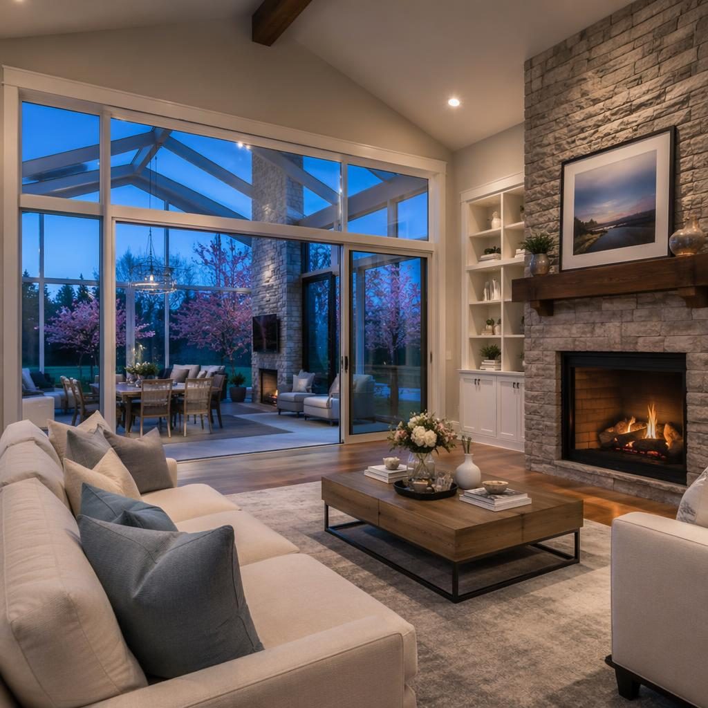 Traditional family home living room with a four-season glass sunroom at blue hour, spring blooms outside, wide-angle view
