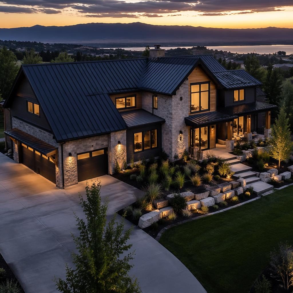 Aerial drone view of a modern detached house exterior at dusk, staged cleanly with sharp focus and wide-angle framing.