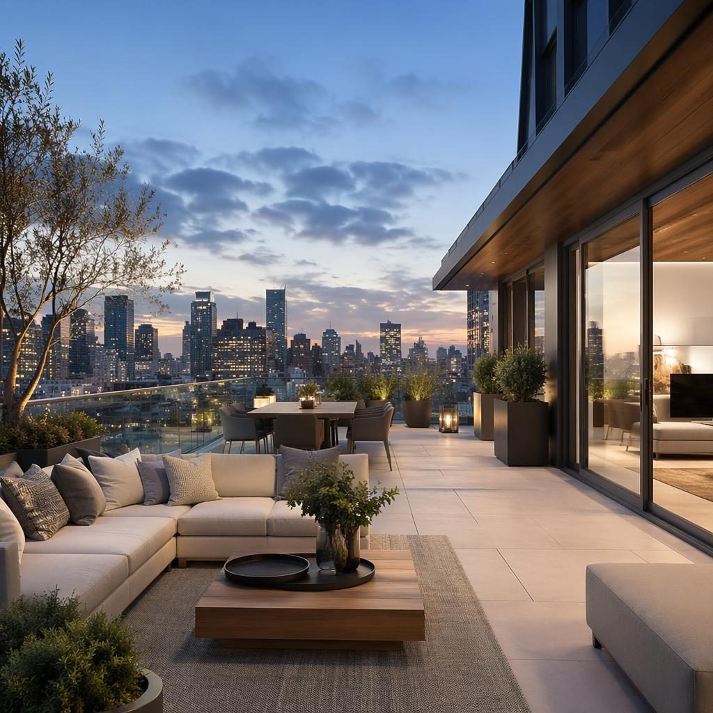Wide-angle view of a luxury penthouse rooftop terrace with pool, patio seating, and soft overcast skyline backdrop.