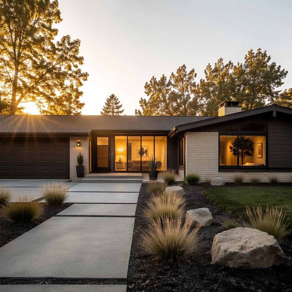 Front facade of a mid-century ranch home at golden hour, clean staged exterior, wide-angle view, sharp focus