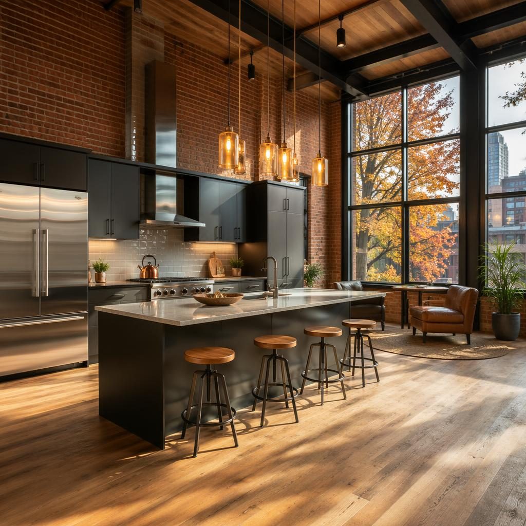 Wide-angle view of a luxury villa kitchen in a studio loft with brick interior, warm golden hour light and autumn tones.