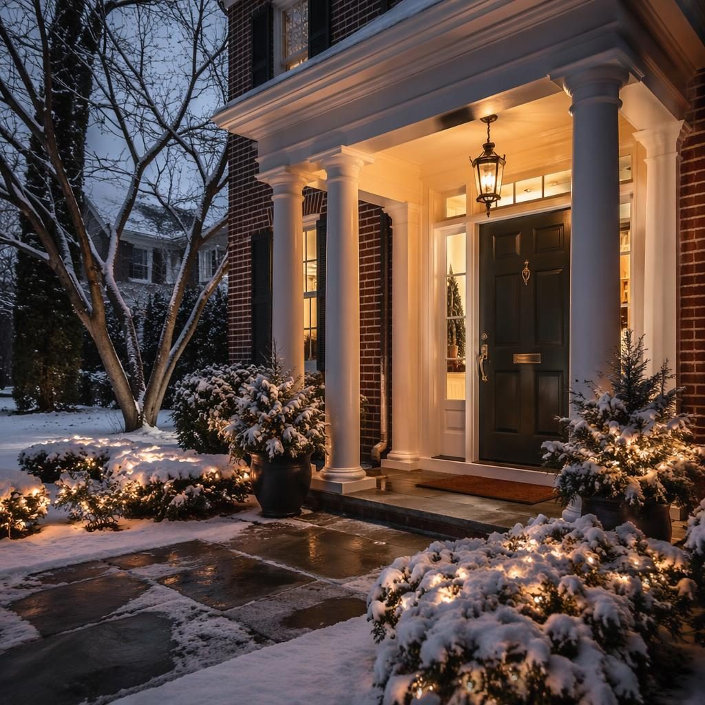 Wide-angle view of a staged luxury villa kitchen with bright winter sunlight, snowy scenery outside, and sharp realtor-style framing.
