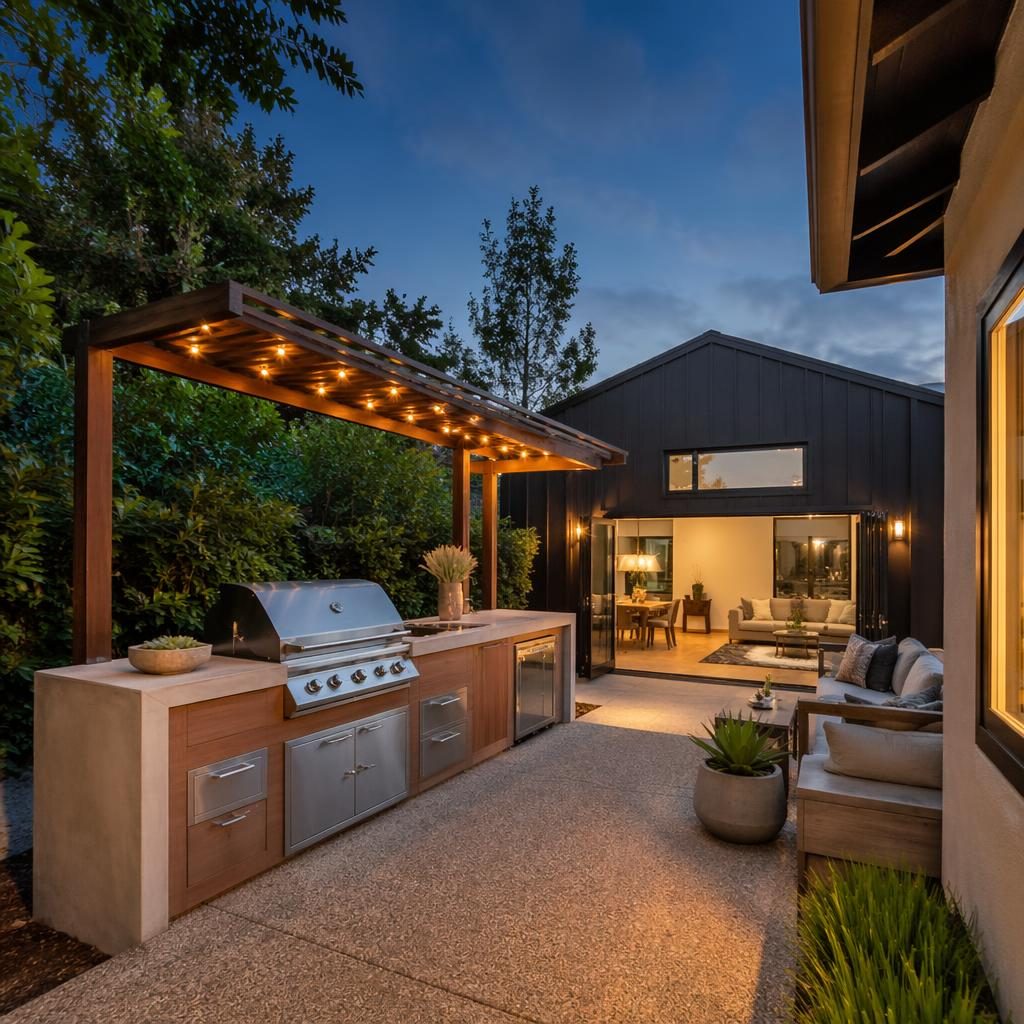 Tiny house backyard patio with outdoor kitchen at blue hour, sharp wide-angle real estate style, clean staged scene