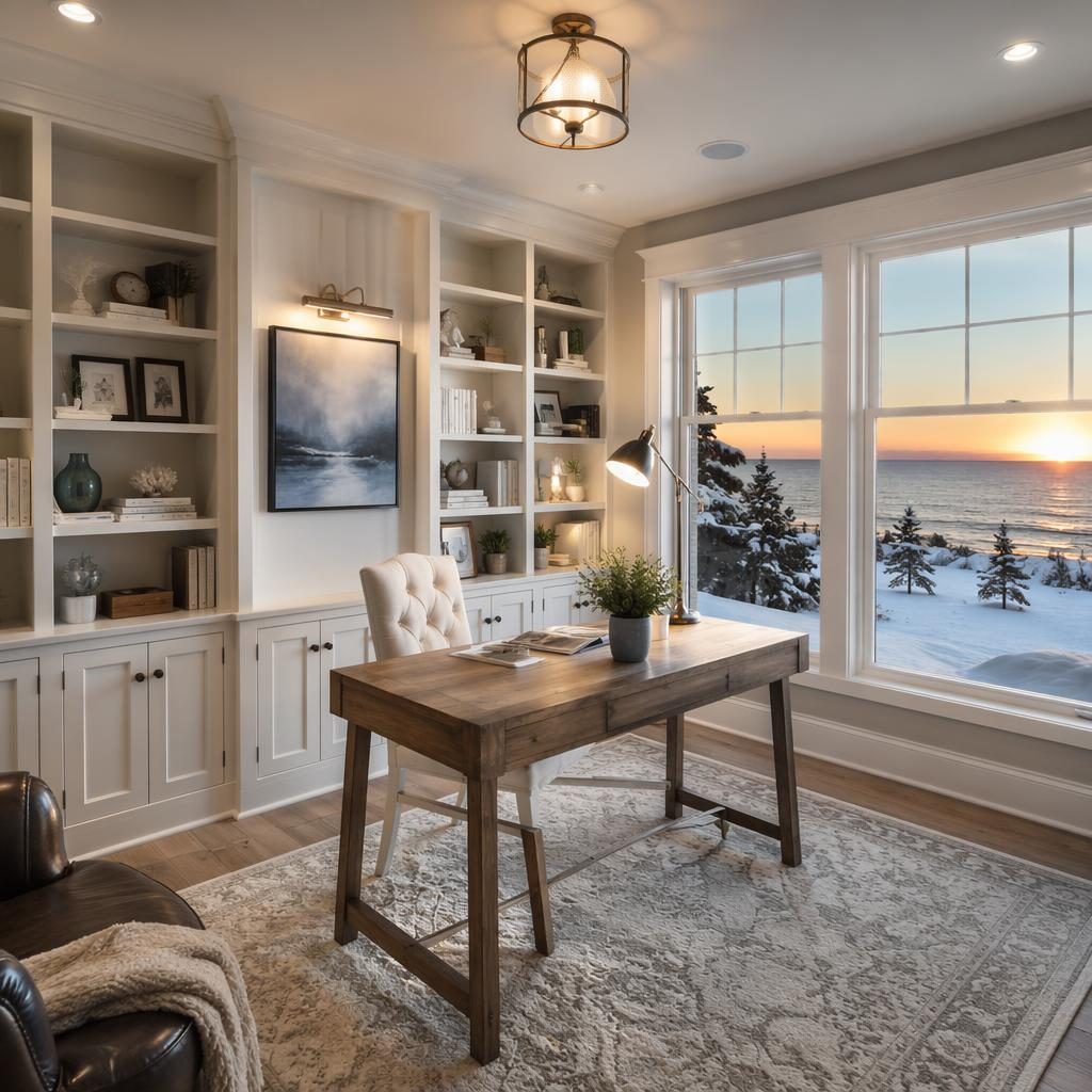 Wide-angle beach house bathroom at dusk in winter, airy staged interior with sharp focus, snow visible outside.