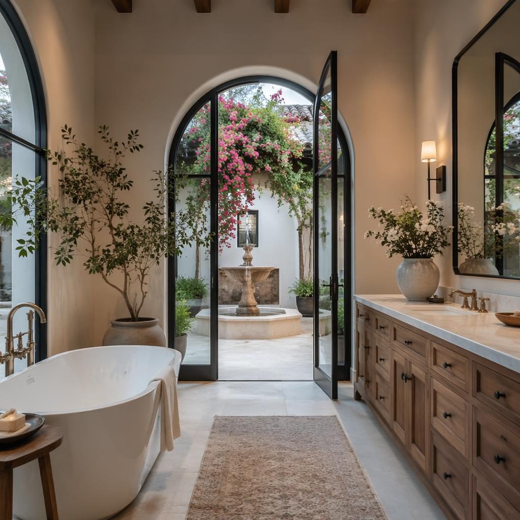 Wide-angle view of a staged Mediterranean villa bathroom at dusk, airy interior, spring blooms visible in courtyard.