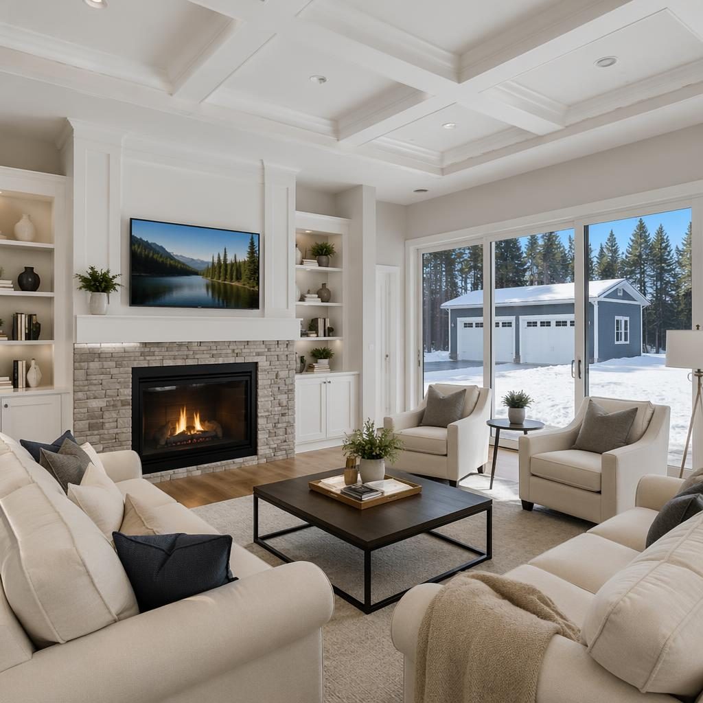 Bright staged living room in a traditional family home during winter, wide-angle real estate listing photo with snowy daylight.