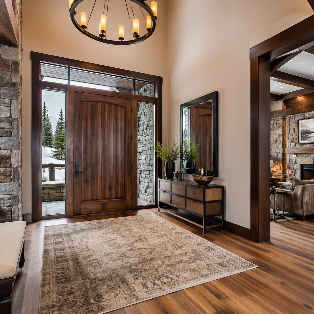 Bright winter mountain cabin master bedroom with wide-angle view, staged bed, snowy windows, and foyer chandelier visible