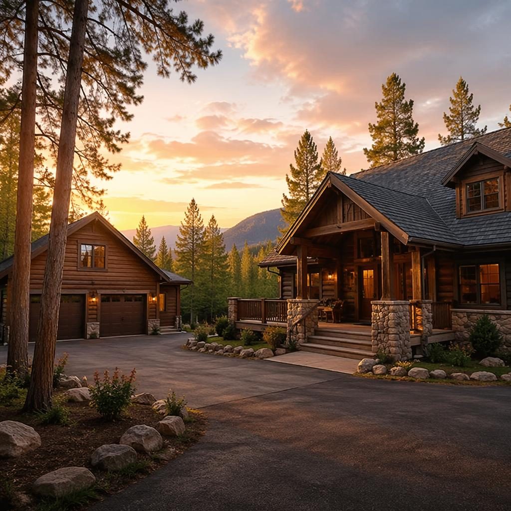 HDR real estate photo of a mountain cabin master bedroom at golden hour with wide-angle framing, sharp focus, and staged decor.