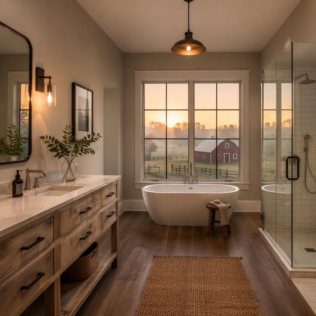 Wide-angle beach house bathroom interior at dusk with airy staging, autumn tones, and sharp real estate listing style.