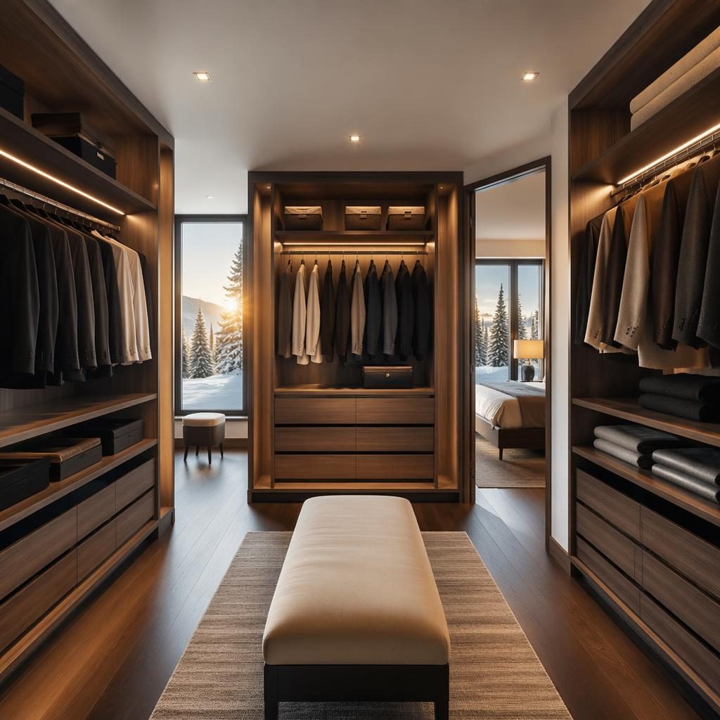 Wide-angle view of a luxury villa kitchen at golden hour with snowy scenery outside and an organized walk-in closet nearby