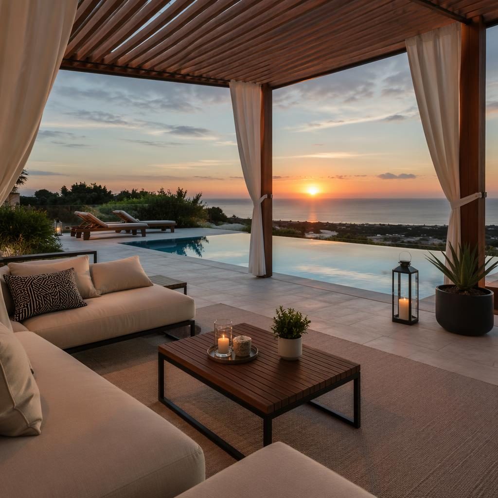 Wide-angle penthouse home office at dusk with airy staged interior and sunset pool deck cabana view
