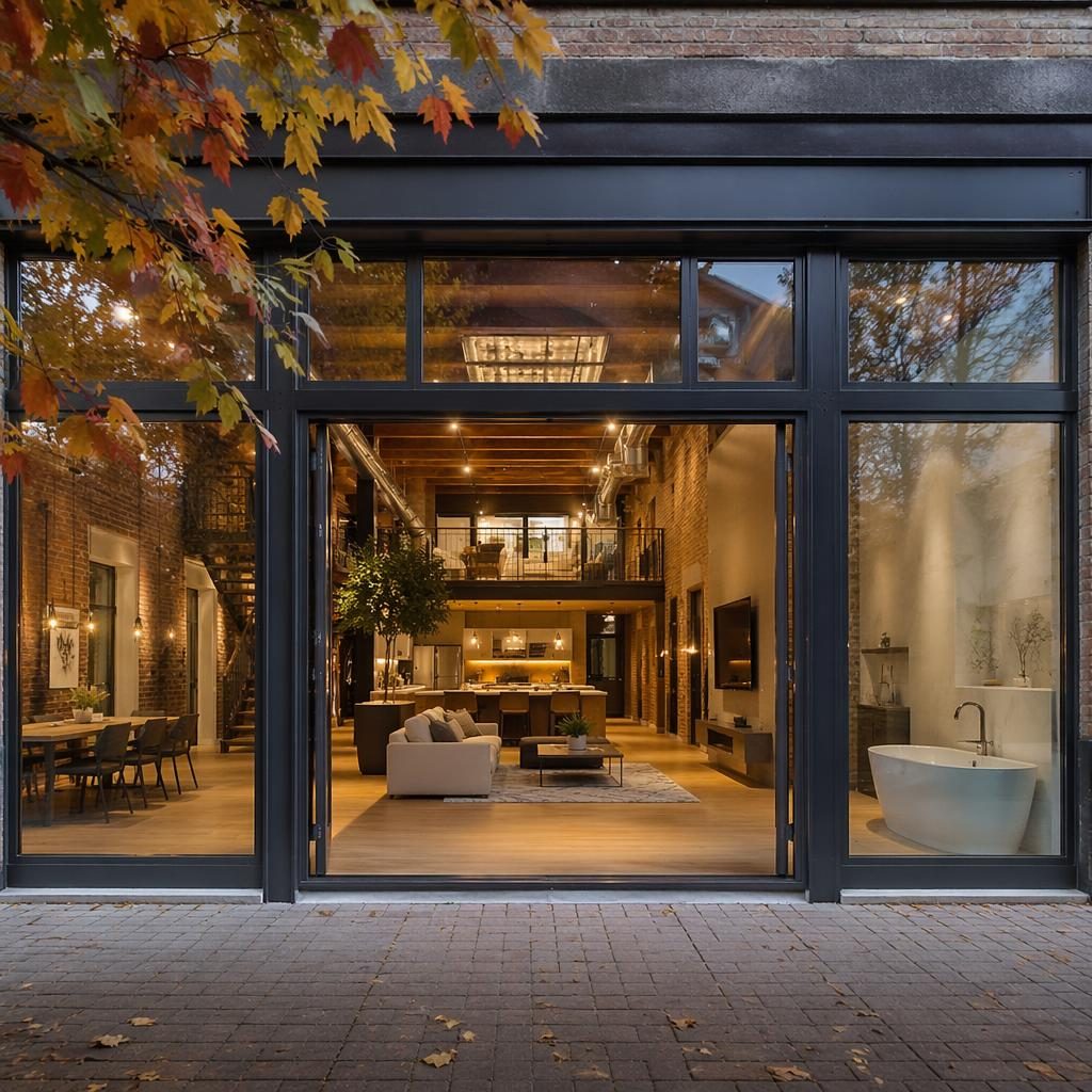 Front facade of an industrial loft at dusk with warm interior glow, autumn trees, wide-angle real estate framing.