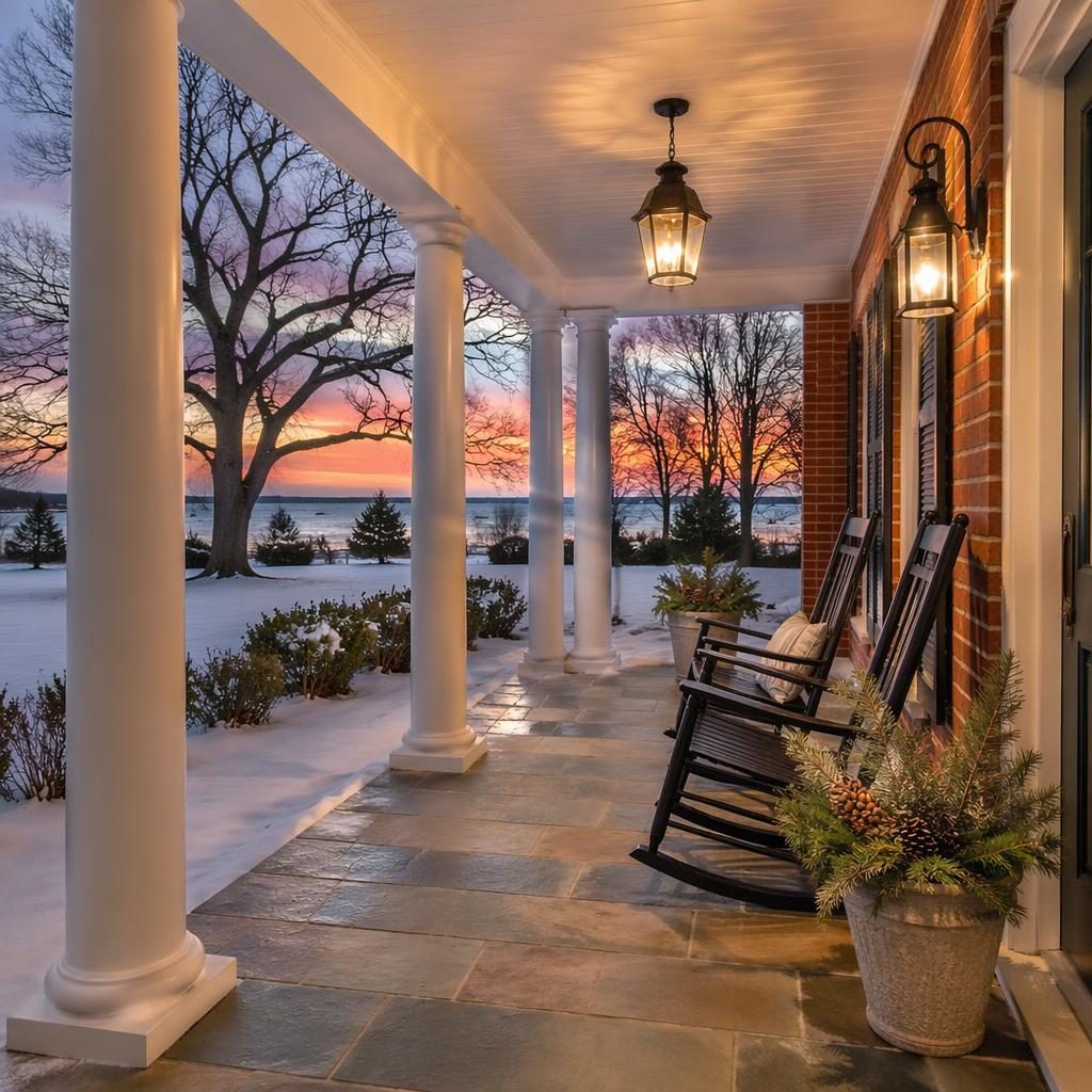 Wide-angle view of a staged beach house bathroom at dusk, with warm interior lighting and snowy winter scene outside.