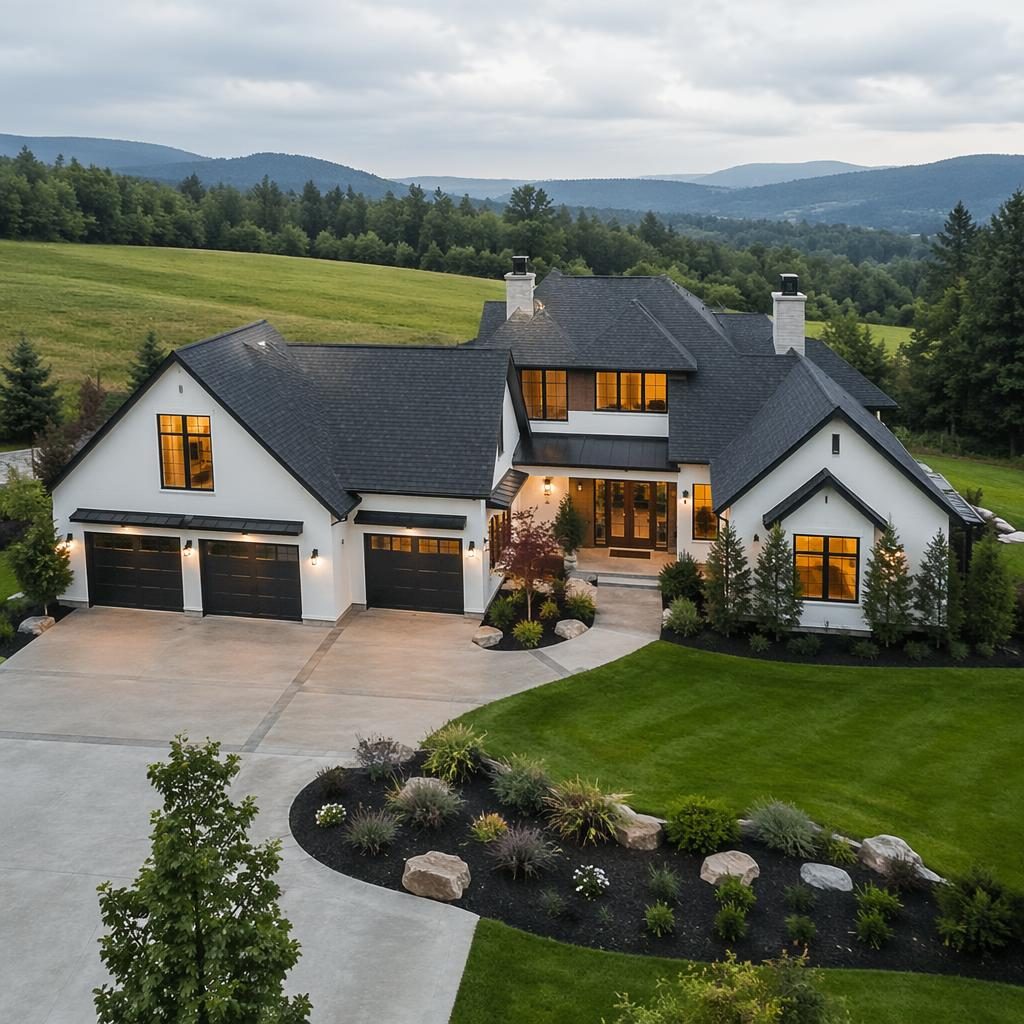 Aerial drone view of a modern single-family luxury home with clean lines, soft overcast light, and a cathedral-ceiling great room.