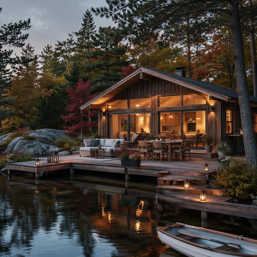 Vue arrière d’un ranch rustique avec jardin et terrasse en bois au bord du lac, intérieur éclairé au crépuscule