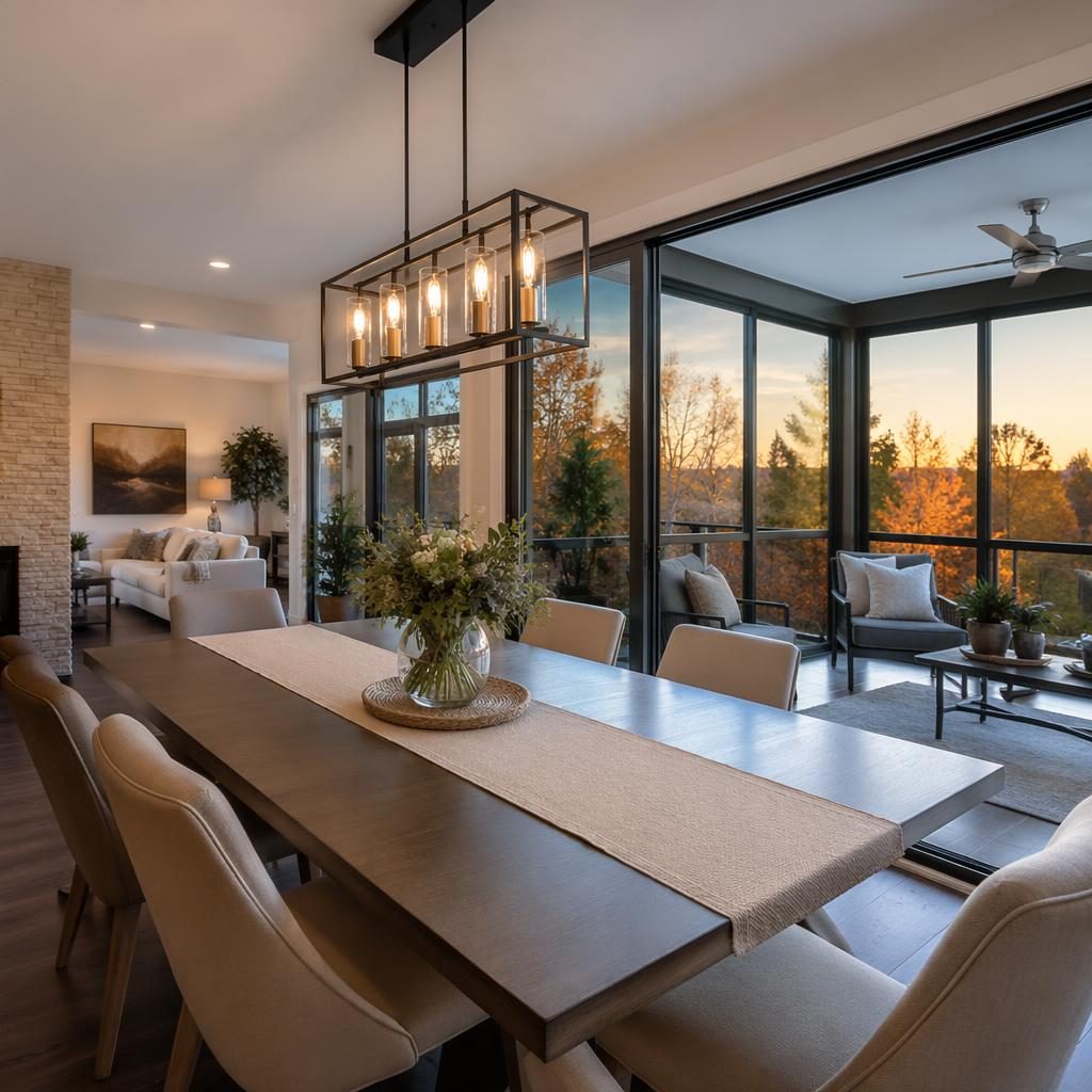Wide-angle view of an urban apartment dining area with a four-season glass sunroom, dusk lighting, autumn tones, and tidy staging.