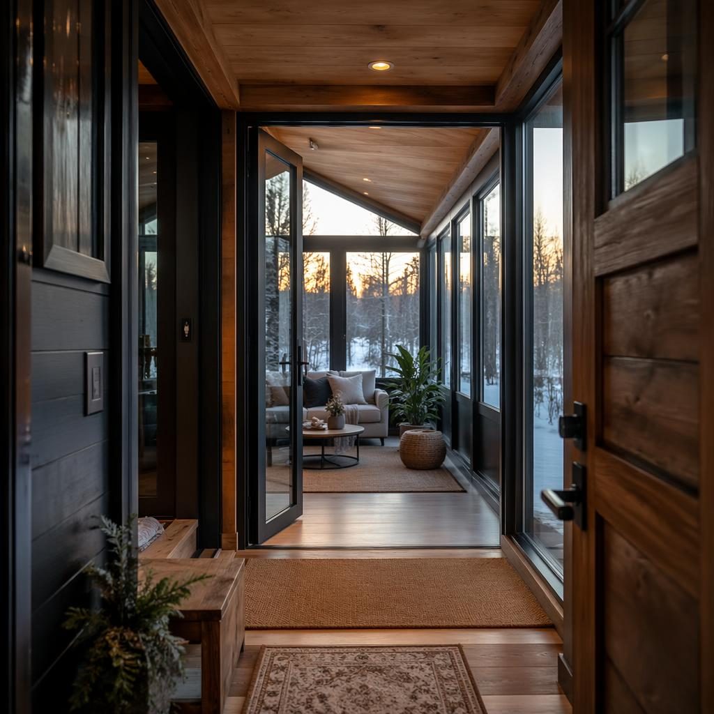 Tiny house foyer entrance with four-season glass sunroom, winter snow outside, sunny morning light, wide-angle view