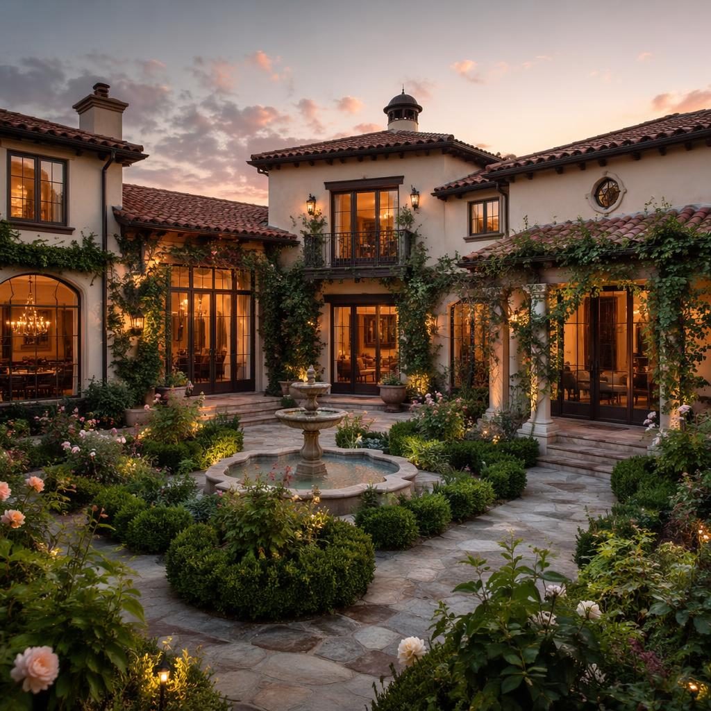 Rear view of a Mediterranean villa courtyard with garden, warm dusk interior glow, autumn foliage, wide-angle framing