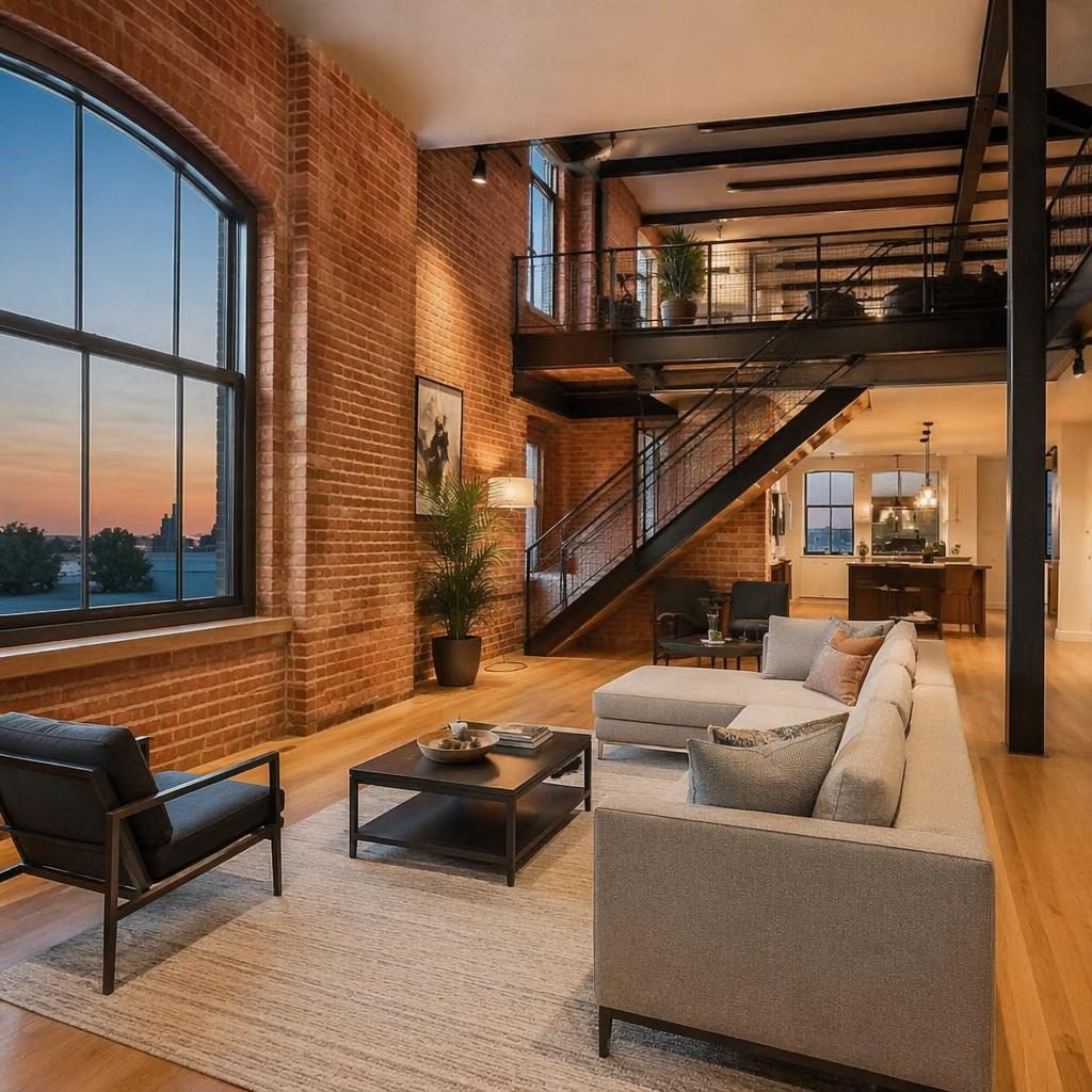Wide-angle view of a staged studio loft living room with exposed brick walls, airy decor, and warm dusk interior light
