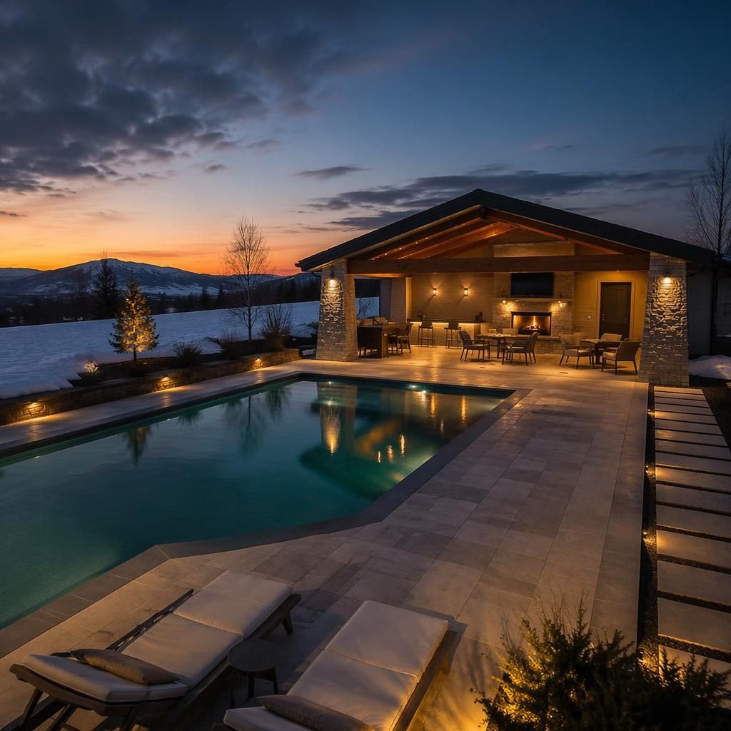 Aerial drone view of a modern single-family home in winter snow with pool deck cabana, sunny morning light, and sharp staging.