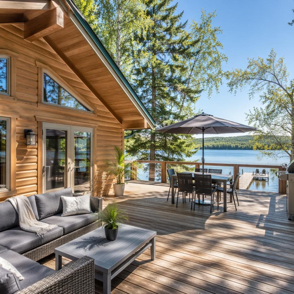 Cabane au bord du lac avec terrasse en bois, vue extérieure lumineuse de midi, ciel clair et floraison printanière.