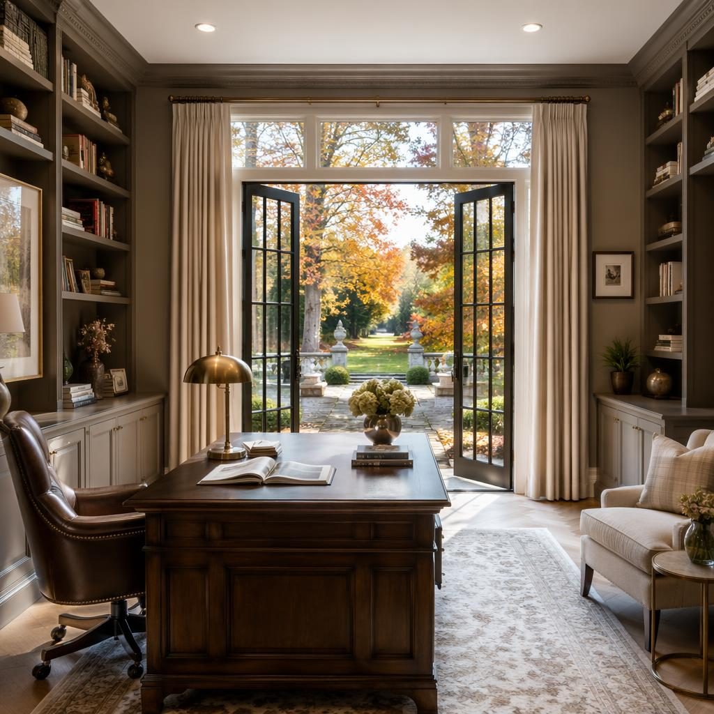 Bright restored historic home office with built-in bookshelves, wide view to autumn garden, sharp MLS-style framing.