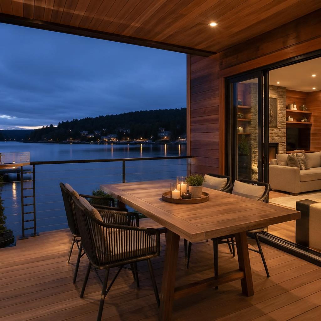 Wide-angle view of a staged dining area on a wooden lakeside cabin deck at blue hour twilight, clean and photoreal.