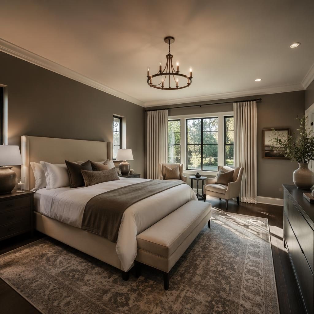 Wide-angle living room of a traditional family home with polished staging, sharp focus, and moody twilight lighting.