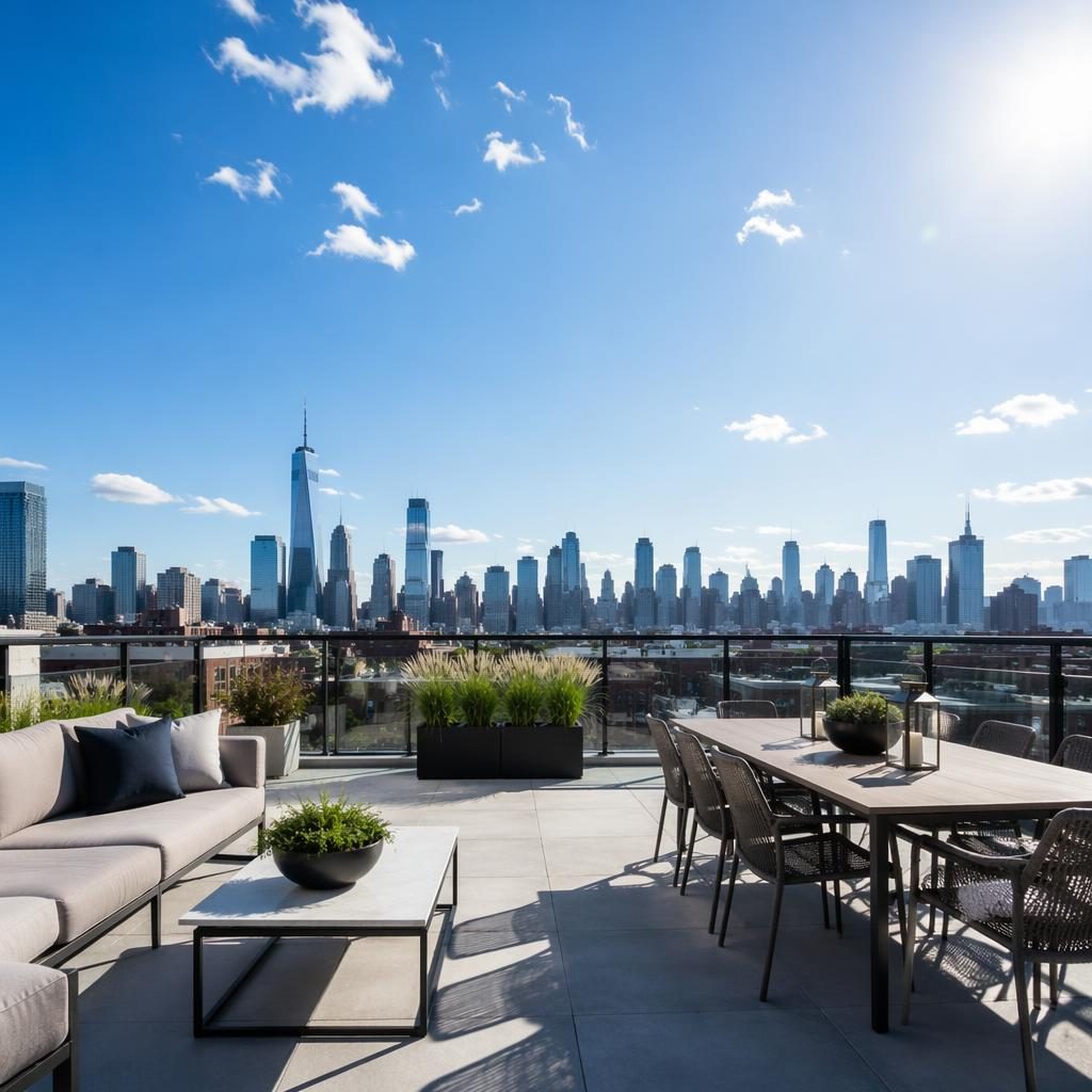 Wide-angle real estate photo of a penthouse rooftop terrace with pool, patio seating, and city skyline at bright midday
