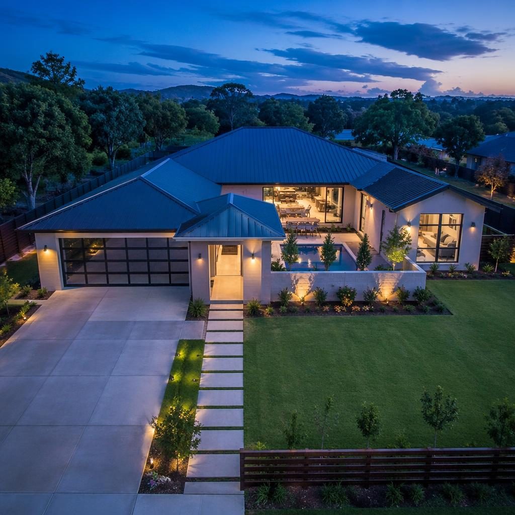 Aerial drone view of a modern single-family home at blue hour with clean staging and visible open plan kitchen island.