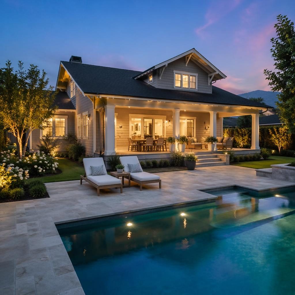 Craftsman bungalow exterior with pool and patio at blue hour, styled in sharp wide-angle realty photography