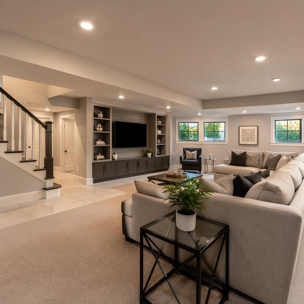 Wide-angle view of a staged finished basement family room in a traditional home at golden hour, clean and realistic.