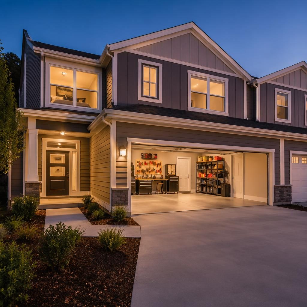 Exterior hero view of a staged townhouse at dusk with glowing interior lights and a two-car garage with workshop.