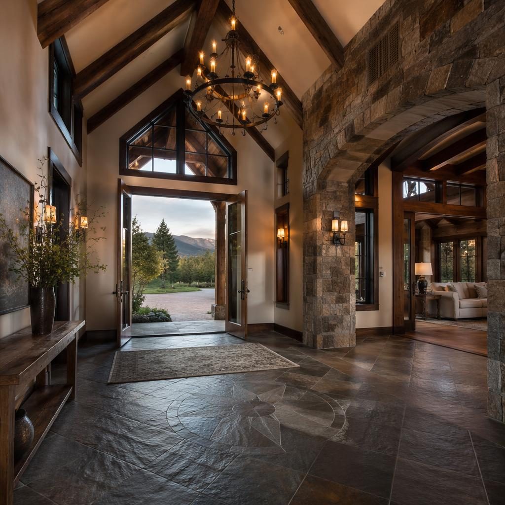 Wide-angle view of a mountain cabin master bedroom with sunny spring blooms outside and an entryway foyer chandelier.