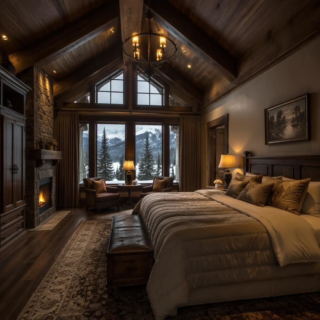 Wide-angle view of a staged mountain cabin master bedroom with king bed, winter snow outside, and moody morning light.