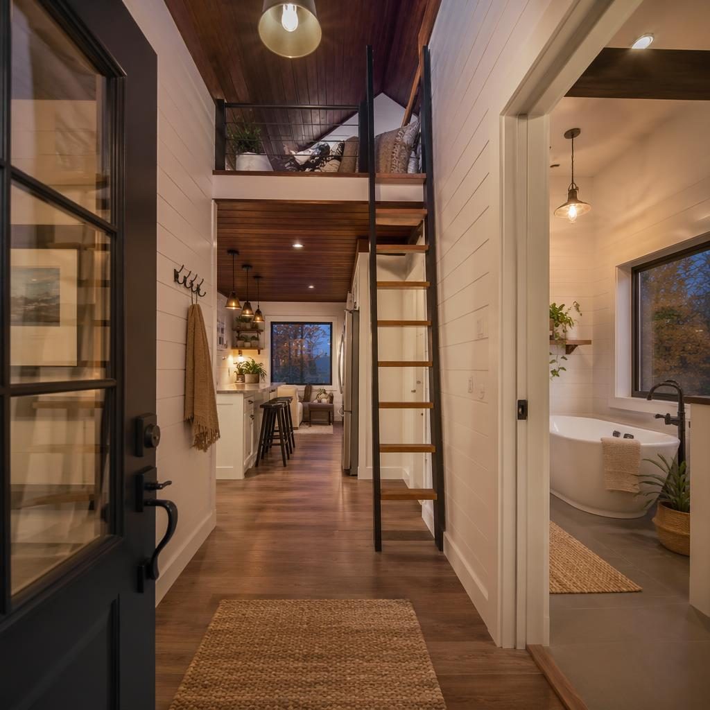 Tiny house foyer entrance at blue hour with autumn colors outside and a staged spa bathroom soaker tub nearby